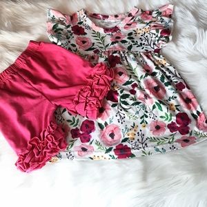 2 piece Floral Flutter Sleeve Tunic Size 2XS  Bright Pink Triple Ruffle Shorts